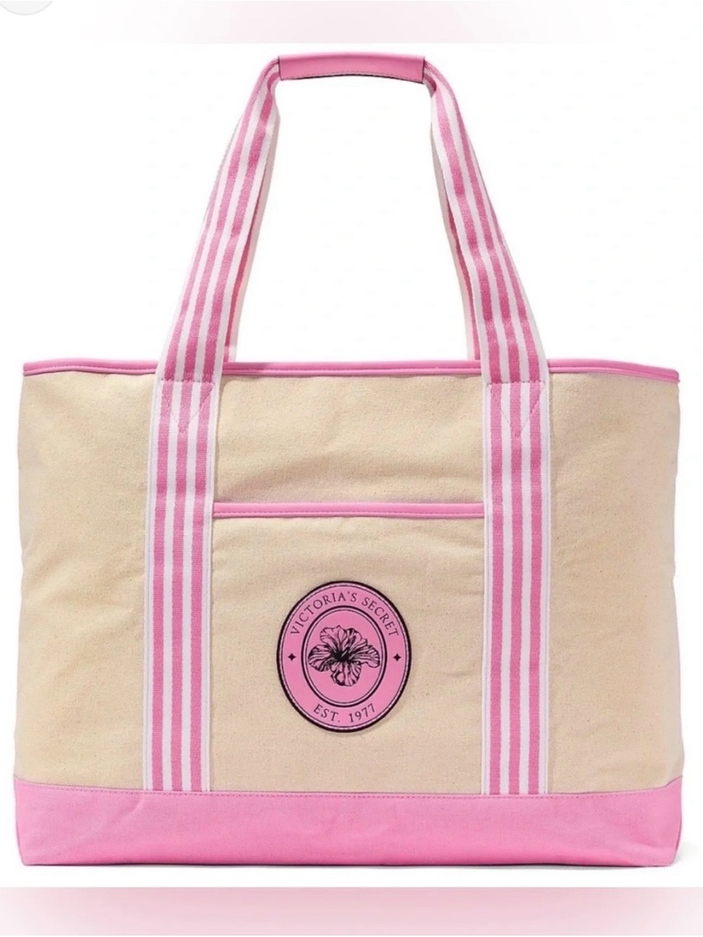 Victoria's Secret Pink and Cream Canvas Tote with Striped Handles